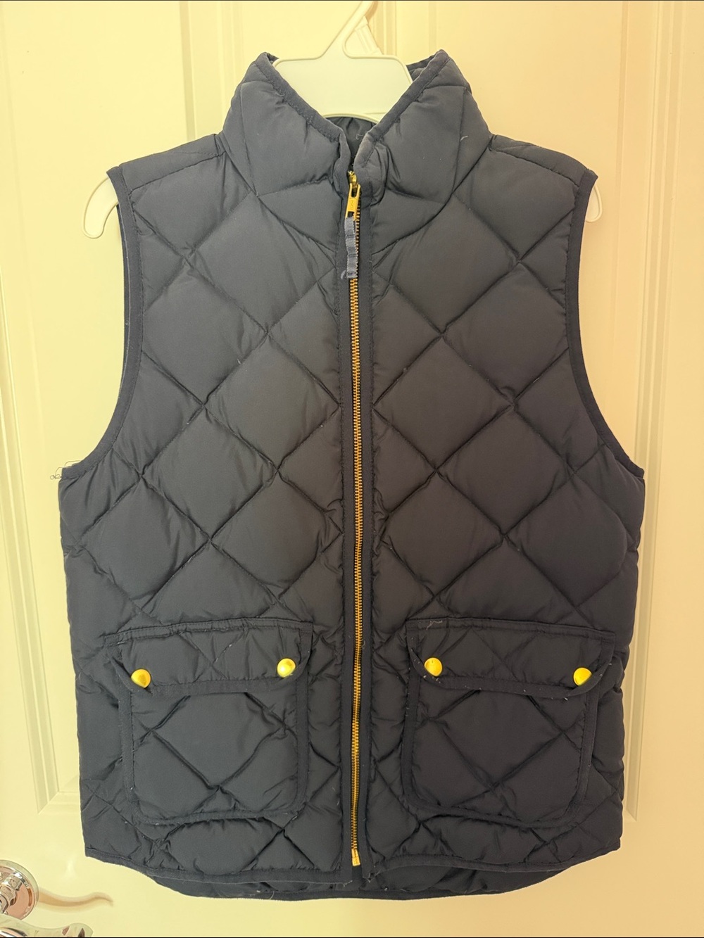 J. Crew Navy Quilted Vest with Yellow Zipper Accents